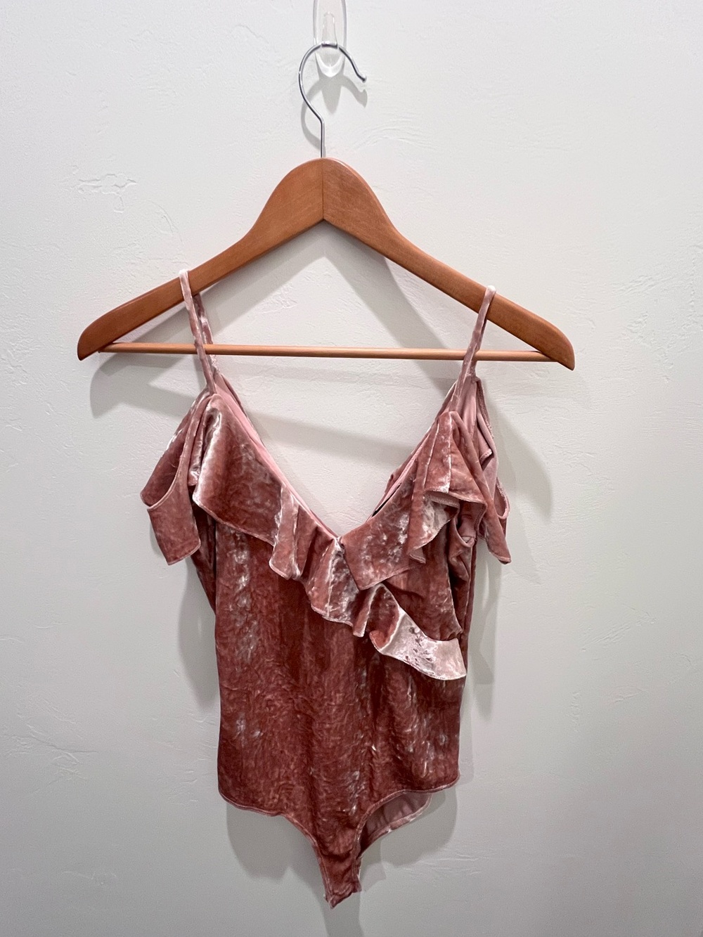 Timing Dusty Rose Crushed Velvet Ruffle Cold-Shoulder Bodysuit - Size L